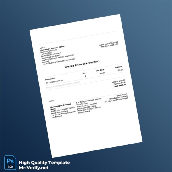USA Car Transport Business Invoice Template in Word and PDF formats