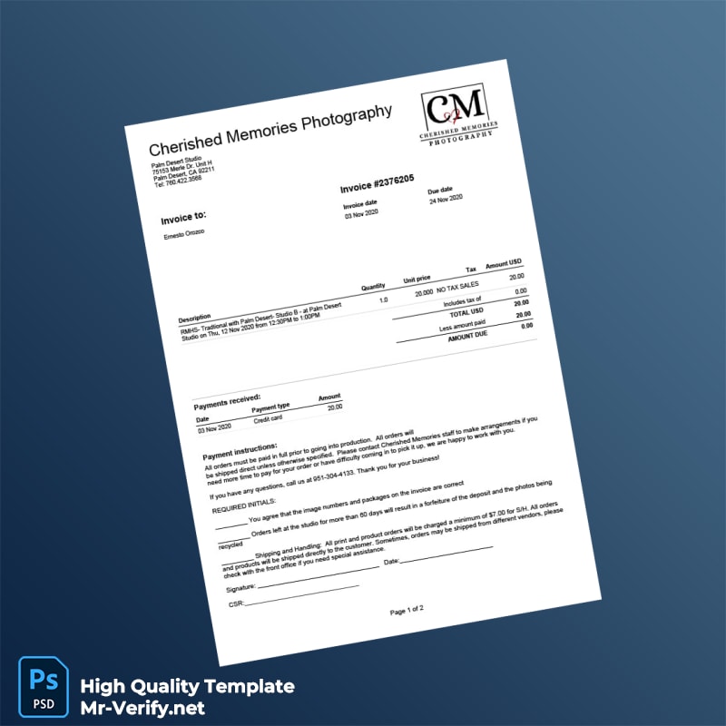 USA Cherished Memories Photography Invoice Template in Word and PDF formats USA Cherished Memories Photography Invoice Template in Word and PDF formats