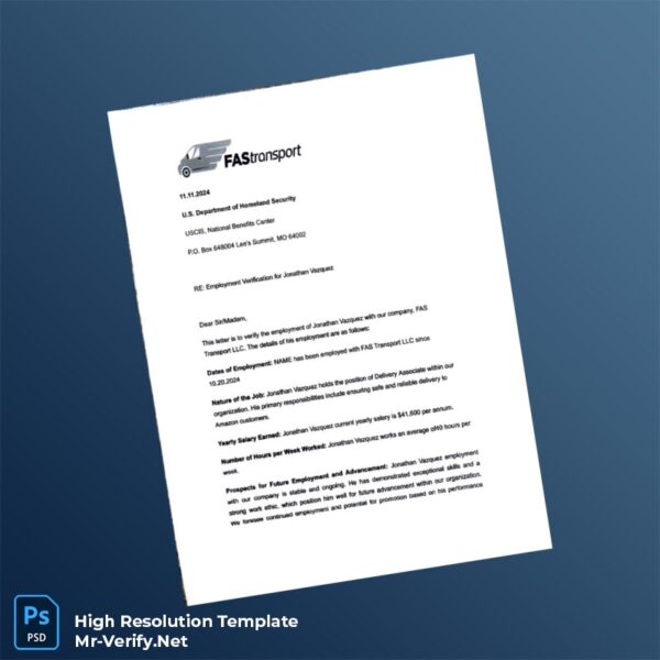 Editable USA FAS Transport Proof of Employment Letter Word and Pdf Template Preview - Mac Doc
