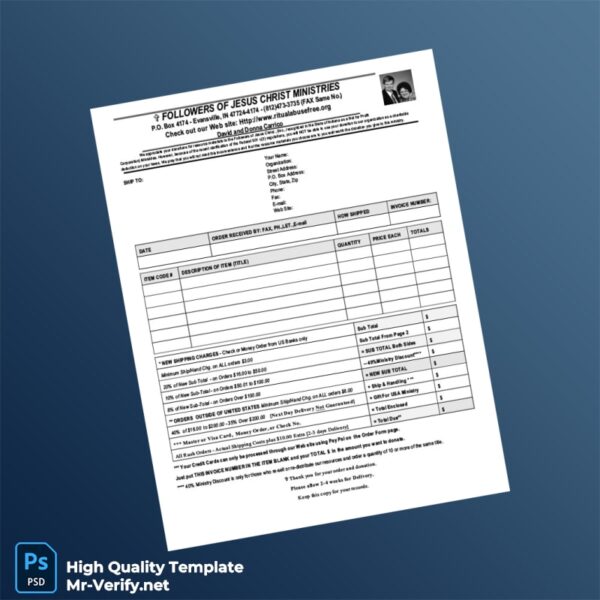 USA Followers of Jesus Christ Ministries Invoice Template in Word and PDF formats
