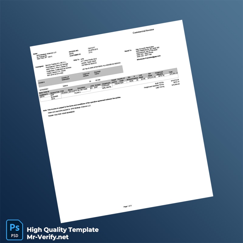 USA GPS Strategic Alliances LLC Commercial Invoice Template in Word and PDF formats USA GPS Strategic Alliances LLC Commercial Invoice Template in Word and PDF formats