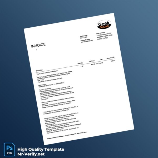 USA GeekSquad Invoice Template in Word and PDF formats