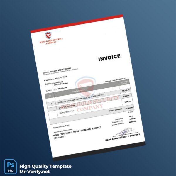 USA Gold Security Company Invoice Template in Word and PDF formats