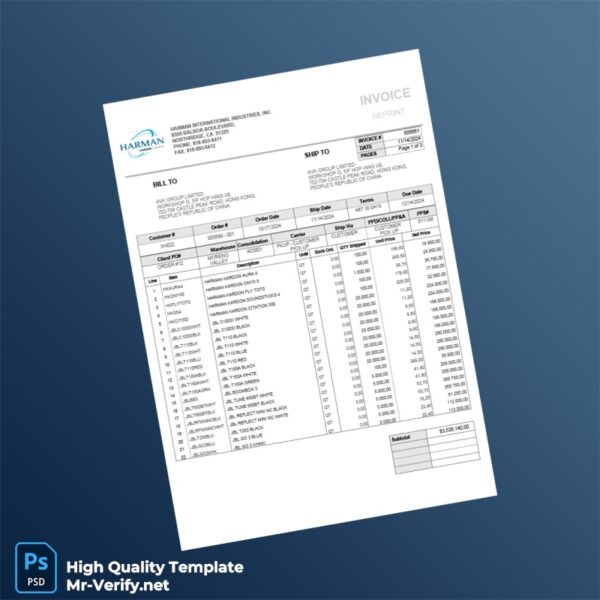 USA Harman International Industries Inc Invoice Template in Word and PDF formats