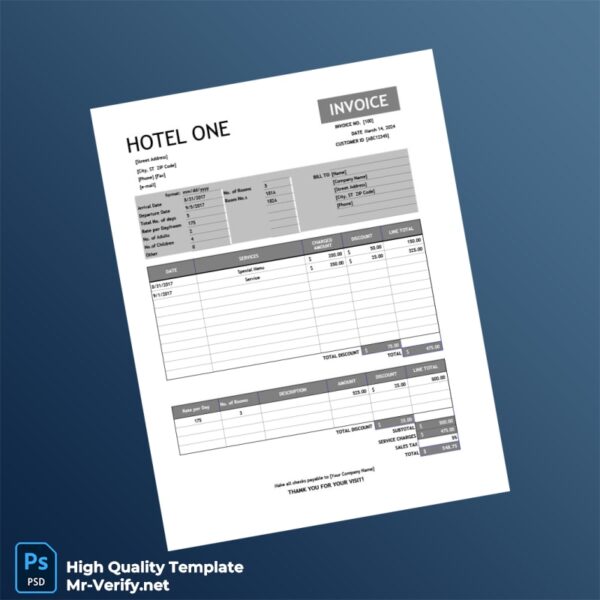 USA Hotel One Invoice Template in Word and PDF formats