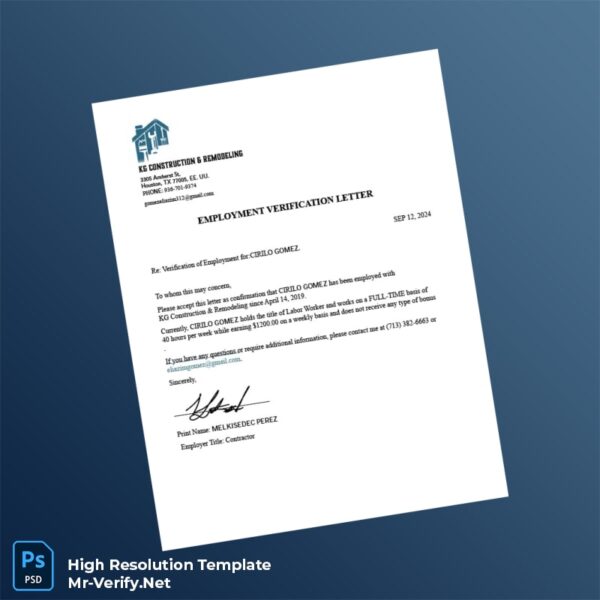 Editable USA KG Construction and Remodeling Employment Verification Letter Word and Pdf Template Preview - Mac Doc