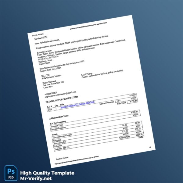 USA Kaddatz Auctions Invoice Template in Word and PDF formats USA Kaddatz Auctions Invoice Template in Word and PDF formats