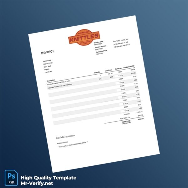 USA Knittles Towing Invoice Template in Word and PDF formats
