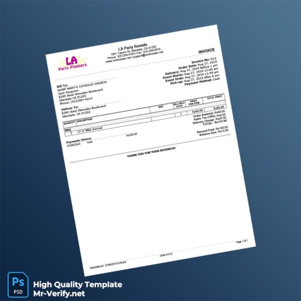 USA LA Party Rentals Invoice Template in Word and PDF formats