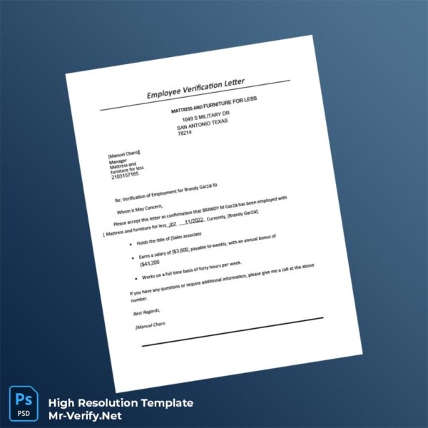 Editable USA Mattress and Furniture for Less Income Verification Letter Word and Pdf Template Preview - Mac Doc