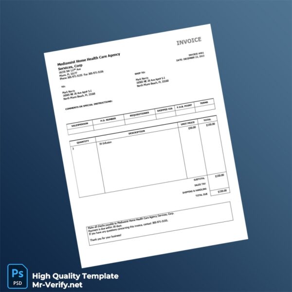 USA Mediassist Home Health Care Agency Services Corp Invoice Template in Word and PDF formats USA Mediassist Home Health Care Agency Services Corp Invoice Template in Word and PDF formats