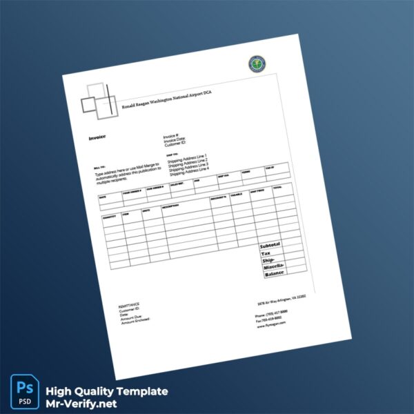 USA Ronald Reagan Washington National Airport Invoice Template in Word and PDF formats