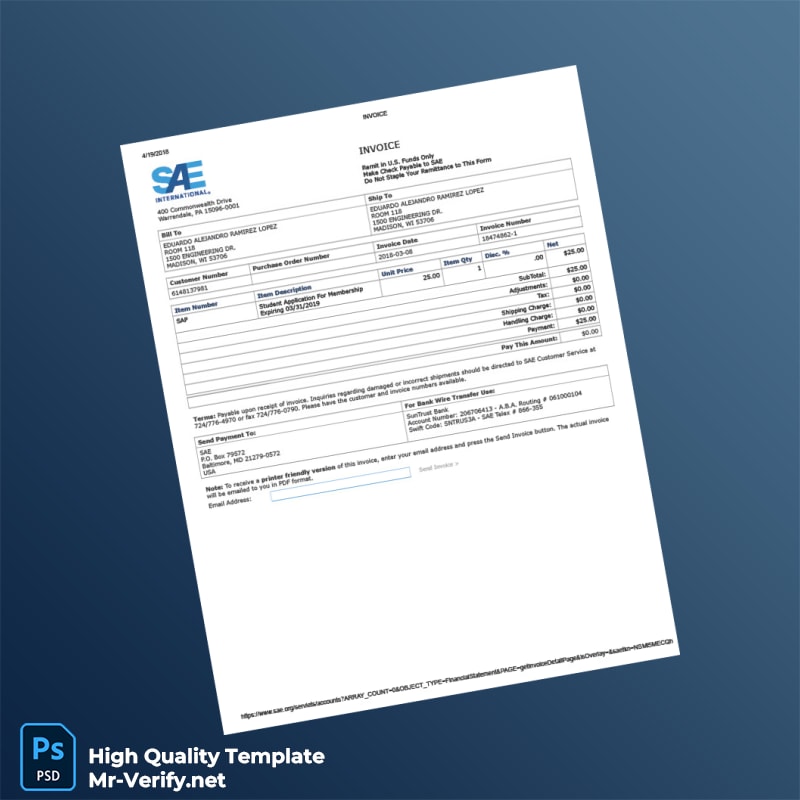 USA SAE Invoice Template in Word and PDF formats USA SAE Invoice Template in Word and PDF formats