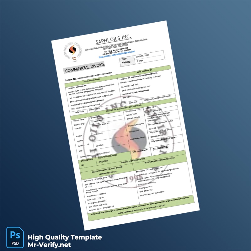 USA Saphi Oils Inc Commercial Invoice Template in Word and PDF formats USA Saphi Oils Inc Commercial Invoice Template in Word and PDF formats