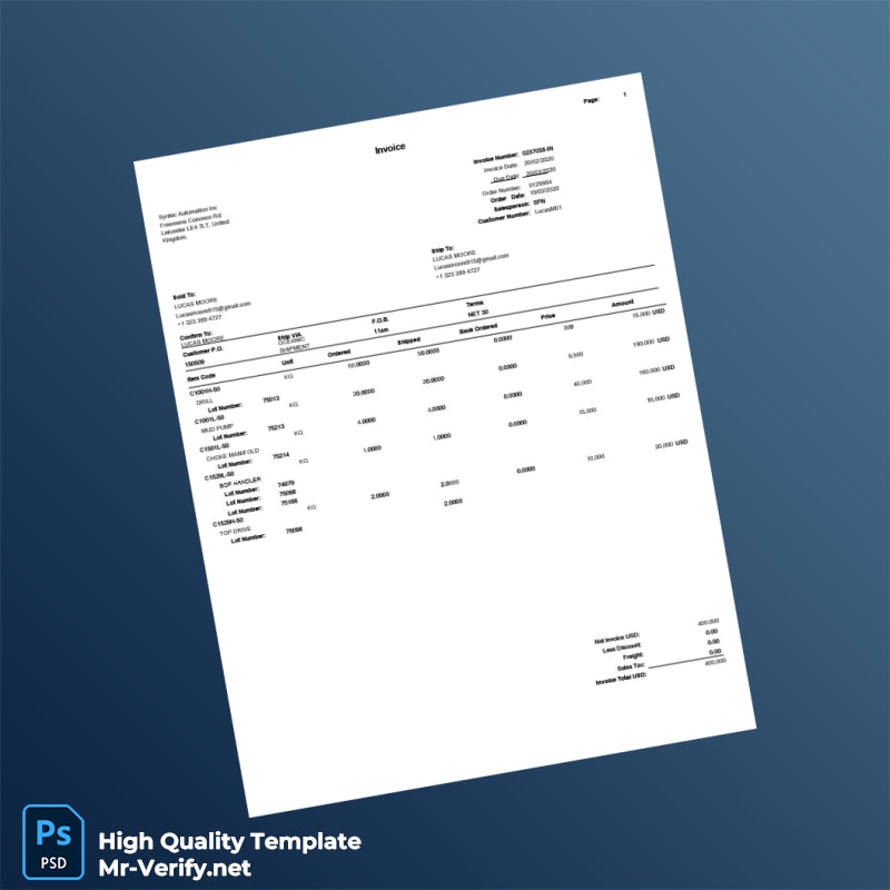 USA Syntec Automation Inc Invoice Template in Word and PDF formats USA Syntec Automation Inc Invoice Template in Word and PDF formats