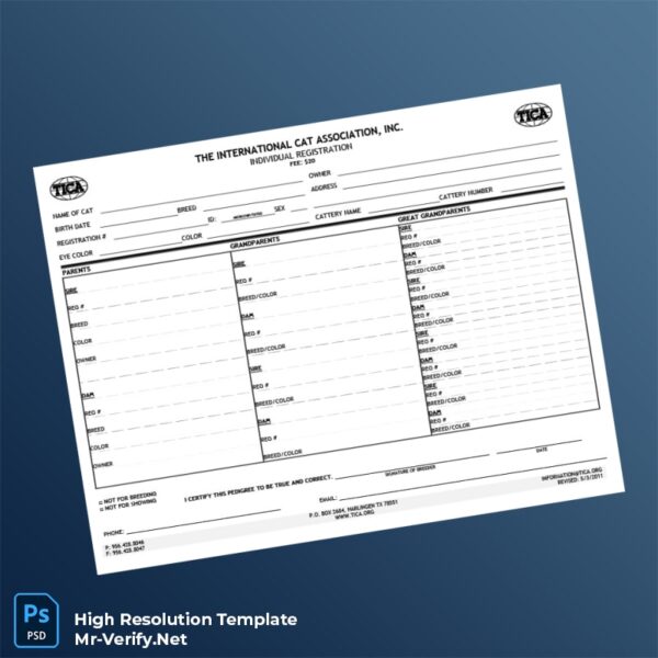Editable USA TICA Individual Registration Certificate Word and Pdf Template Preview - Mac Doc