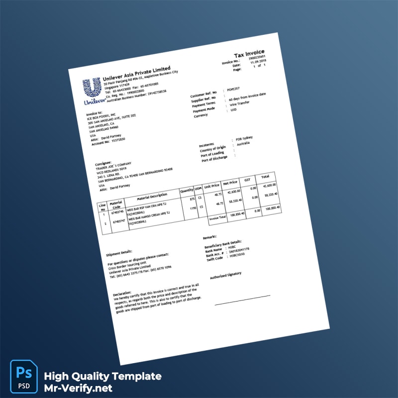 USA Unilever Asia Private Limited Invoice Template in Word and PDF formats USA Unilever Asia Private Limited Invoice Template in Word and PDF formats