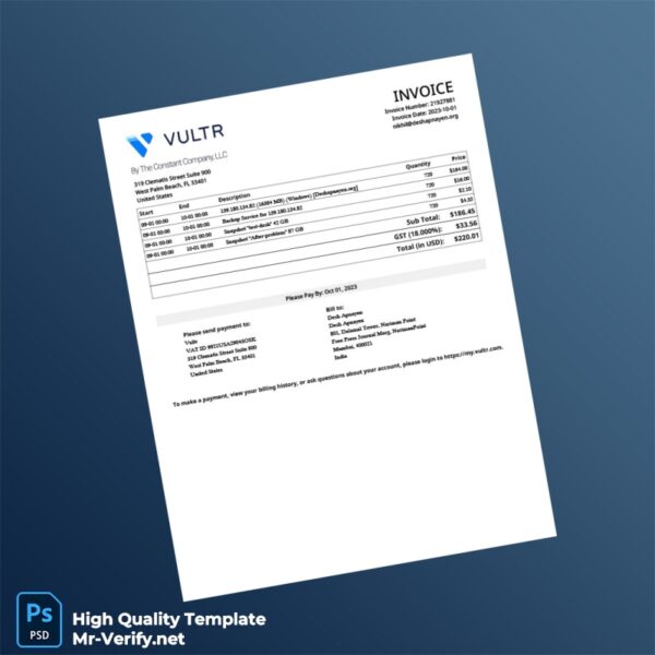 USA Vultr Invoice Template in Word and PDF formats USA Vultr Invoice Template in Word and PDF formats