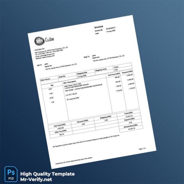 USA XinCube Inc Invoice Template in Word and PDF formats USA XinCube Inc Invoice Template in Word and PDF formats