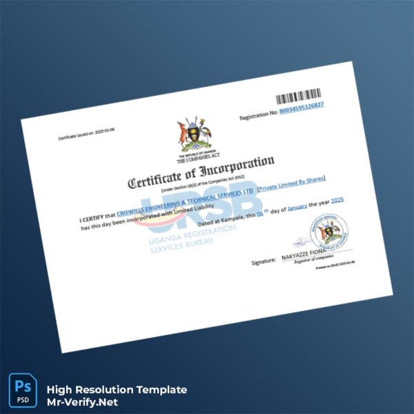 Editable Uganda Companies Registration Certificate Word and Pdf Template Preview