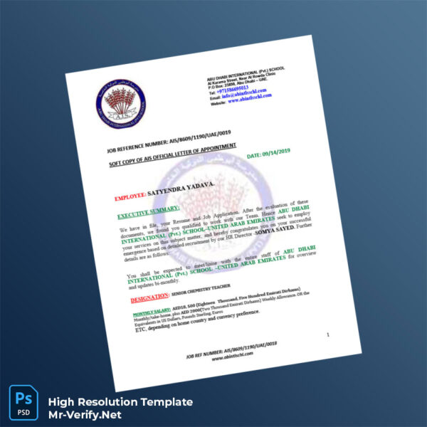 Editable United Arab Emirates Abu Dhabi International Pvt School Employment Verification Letter Word and Pdf Template Preview - Mac Doc