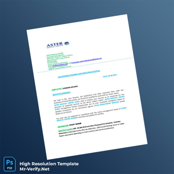 Editable United Arab Emirates Aster Medical Centre Employment Verification Letter Word and Pdf Template Preview - Mac Doc