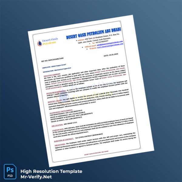 Editable United Arab Emirates Desert Oasis Petroleum Employment Verification Letter Word and Pdf Template Preview - Mac Doc