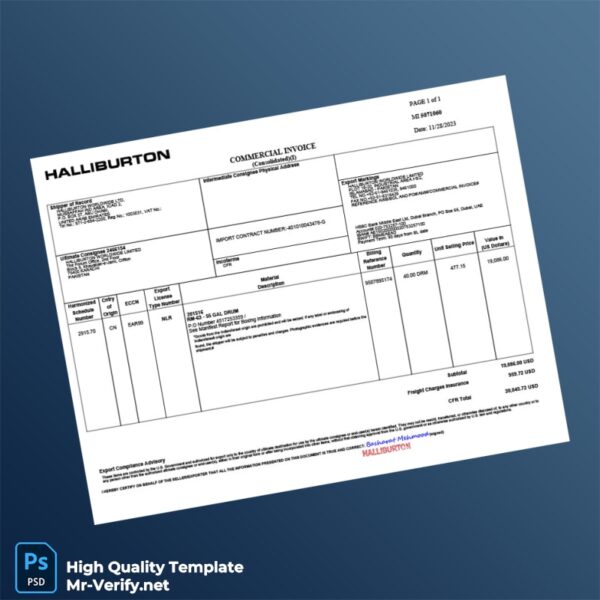 United Arab Emirates Halliburton Commercial Invoice Template in Word and PDF formats