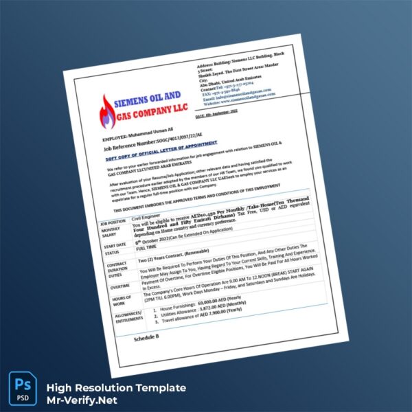 Editable United Arab Emirates Siemens Oil Gas Company LLC Employment Verification Letter Word and Pdf Template Preview - Mac Doc