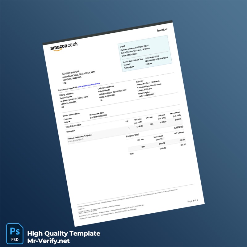 United Kingdom Amazon EU S à r l Invoice Template in Word and PDF formats United Kingdom Amazon EU S à r l Invoice Template in Word and PDF formats