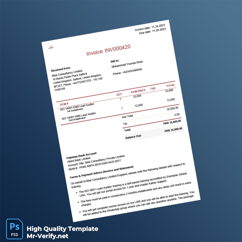 United Kingdom Bilal Consultancy Limited Invoice Template in Word and PDF formats United Kingdom Bilal Consultancy Limited Invoice Template in Word and PDF formats