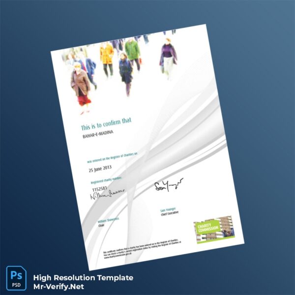 Editable United Kingdom Charity Commission Charity Registration Certificate Word and Pdf Template Preview