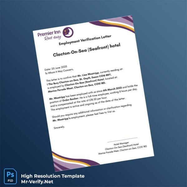 Editable United Kingdom Clacton-On-Sea Seafront Hotel Employment Verification Letter Word and Pdf Template Preview - Mac Doc