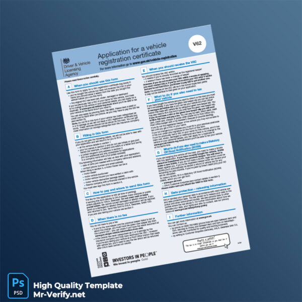 United Kingdom DVLA Application for a Registration Certificate Template in Word and PDF formats