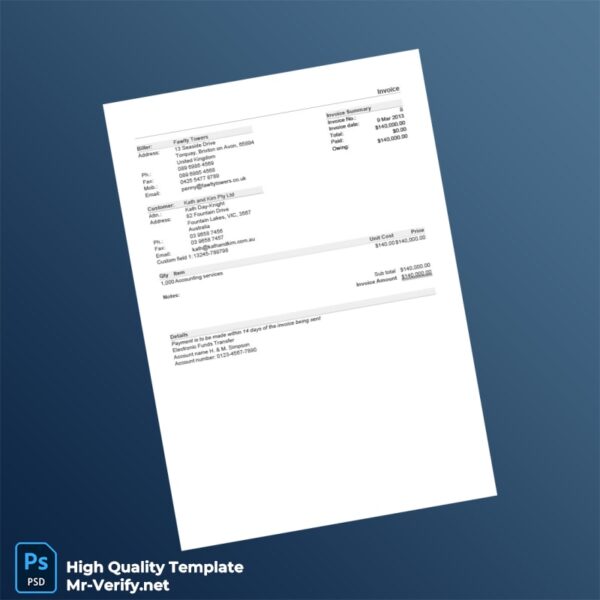 United Kingdom Fawlty Towers Invoice Template in Word and PDF formats