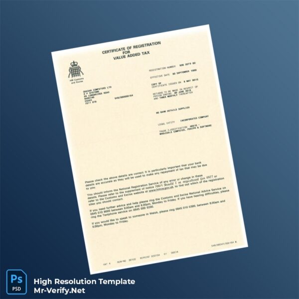 Editable United Kingdom HM Customs and Excise VAT Registration Certificate Word and Pdf Template Preview