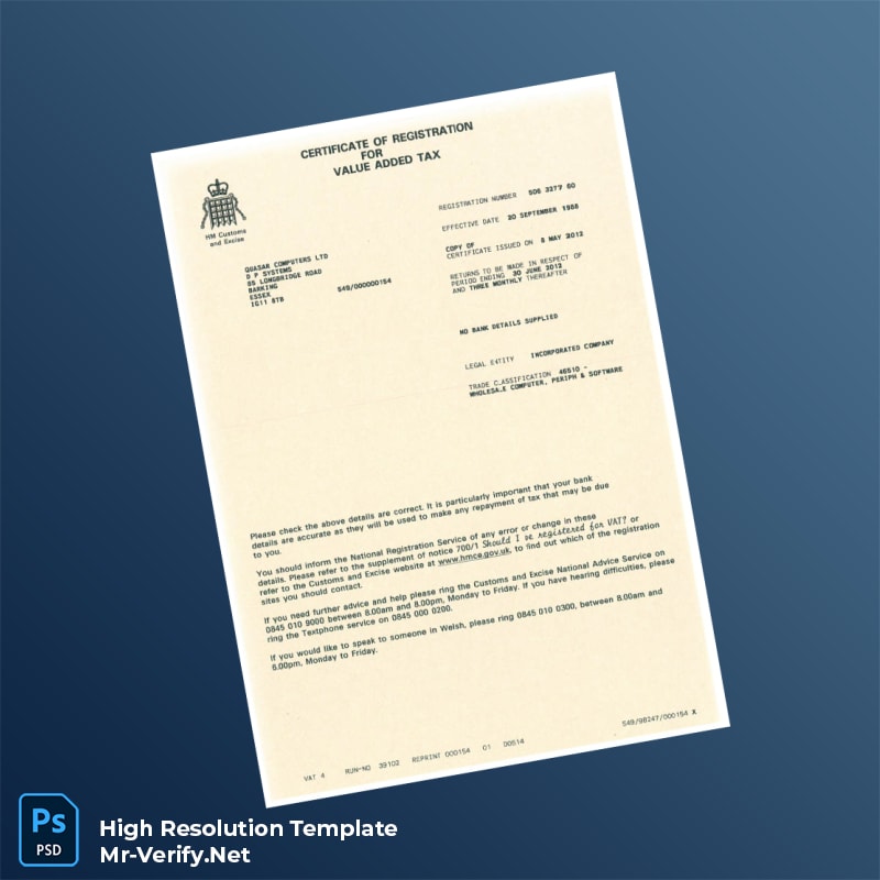 United%20Kingdom%20HM%20Customs%20and%20Excise%20VAT%20Registration%20Certificate%20Template%20in%20Word%20and%20PDF%20formats Editable United Kingdom HM Customs and Excise VAT Registration Certificate Word and Pdf Template Preview