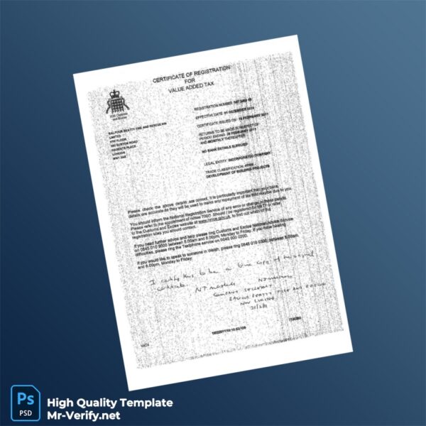 United Kingdom HM Revenue Customs VAT Registration Certificate Template in Word and PDF formats