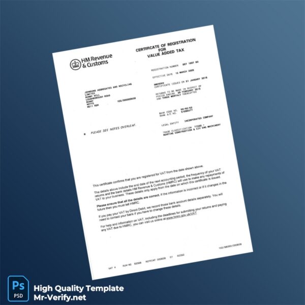 United Kingdom HMRC VAT Registration Certificate Template in Word and PDF formats United Kingdom HMRC VAT Registration Certificate Template in Word and PDF formats
