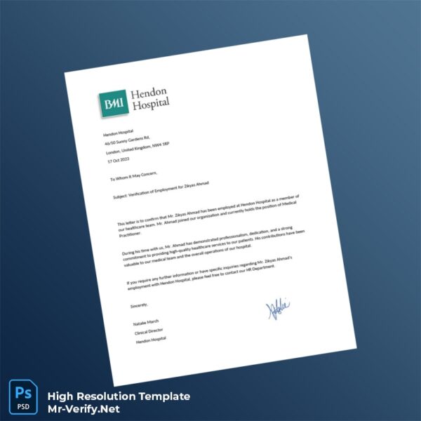 Editable United Kingdom Hendon Hospital Employment Verification Letter Word and Pdf Template Preview - Mac Doc