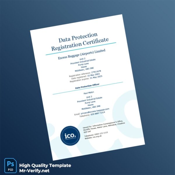 United Kingdom Information Commissioner s Office Data Protection Registration Certificate Template in Word and PDF formats