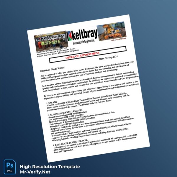Editable United Kingdom Keltbray Employment Verification Letter Word and Pdf Template Preview - Mac Doc