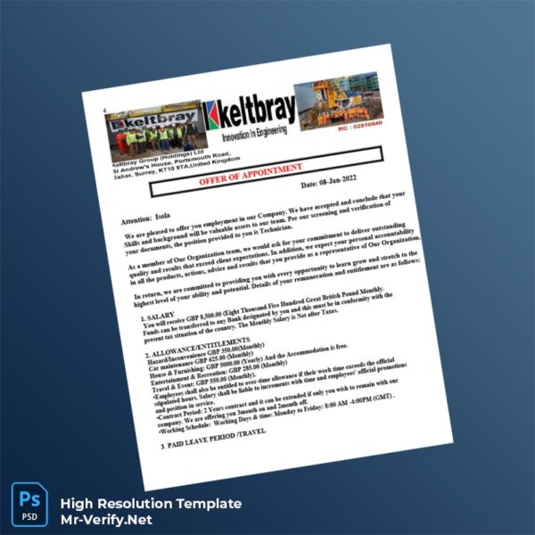 Editable United Kingdom Keltbray Group Appointment Confirmation Letter Word and Pdf Template Preview - Mac Doc