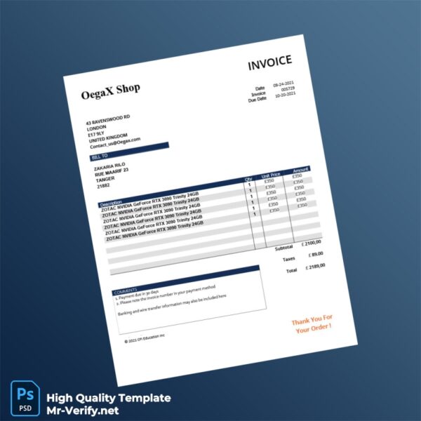 United Kingdom Oegax Shop Invoice Template in Word and PDF formats