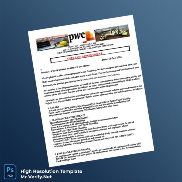 Editable United Kingdom PWC Oil and Gas Ltd Employment Verification Letter Word and Pdf Template Preview - Mac Doc