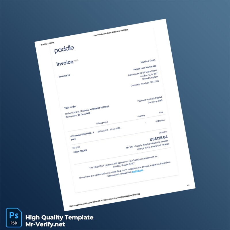 United Kingdom Paddle com Market Ltd Invoice Template in Word and PDF formats United Kingdom Paddle com Market Ltd Invoice Template in Word and PDF formats