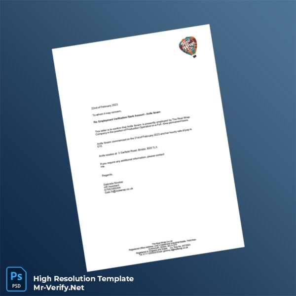 Editable United Kingdom The Real Wrap Company Employment Verification Letter Word and Pdf Template Preview - Mac Doc