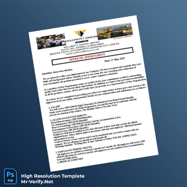Editable United Kingdom Willmott Dixon Appointment and Confirmation Letter Word and Pdf Template Preview - Mac Doc