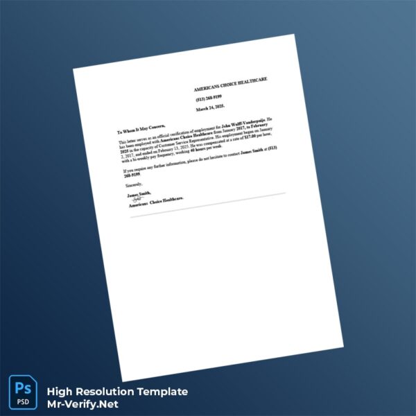 Editable United States Americans Choice Healthcare Employment Verification Letter Word and Pdf Template Preview - Mac Doc