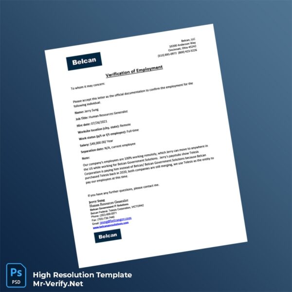 Editable United States Belcan LLC Employment Verification Letter Word and Pdf Template Preview - Mac Doc